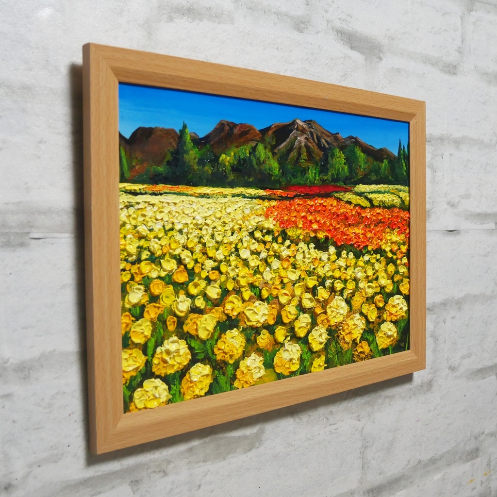 油絵 油彩 油彩画 絵 絵画 【くじゅうの峰、マリーゴールドの海】