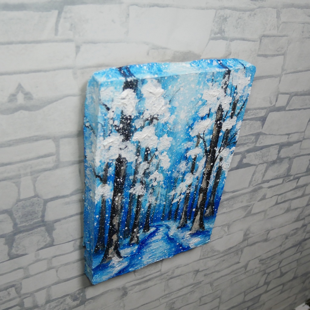 油絵 原画 油彩画 絵画 「白銀の森の小道」 冬 景色 風景画 インテリア