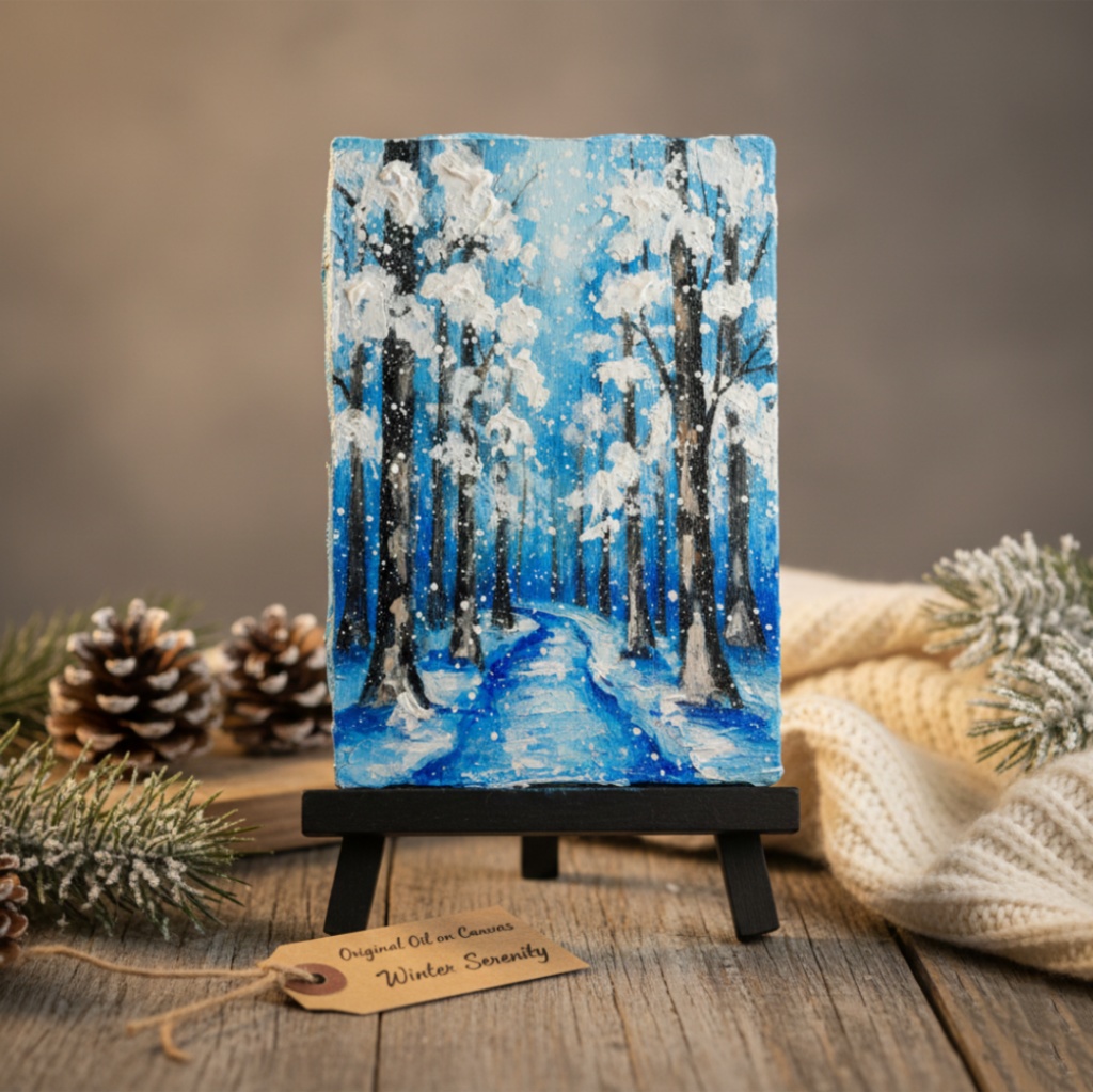 油絵 原画 油彩画 絵画 「白銀の森の小道」 冬 景色 風景画 インテリア