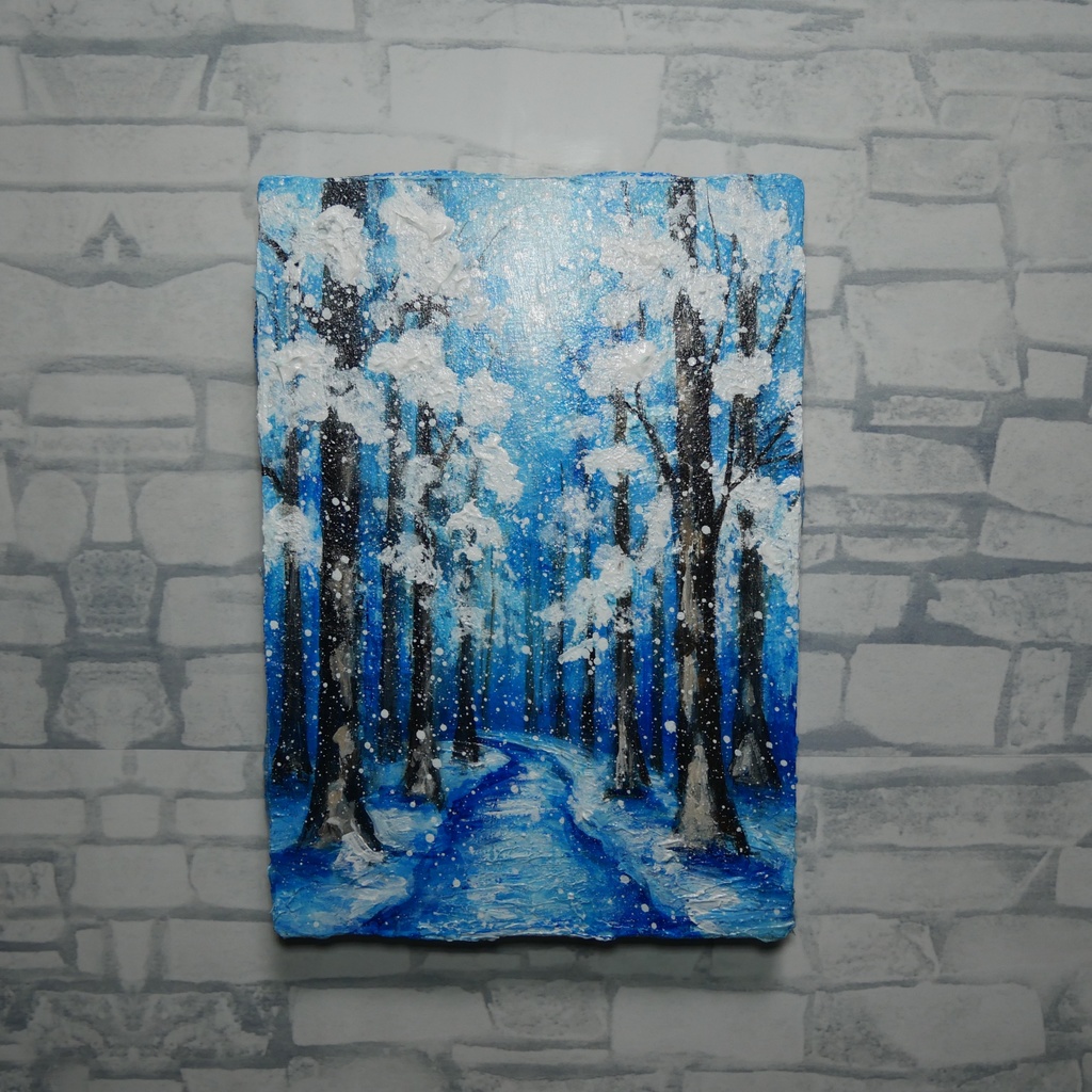 油絵 原画 油彩画 絵画 「白銀の森の小道」 冬 景色 風景画 インテリア