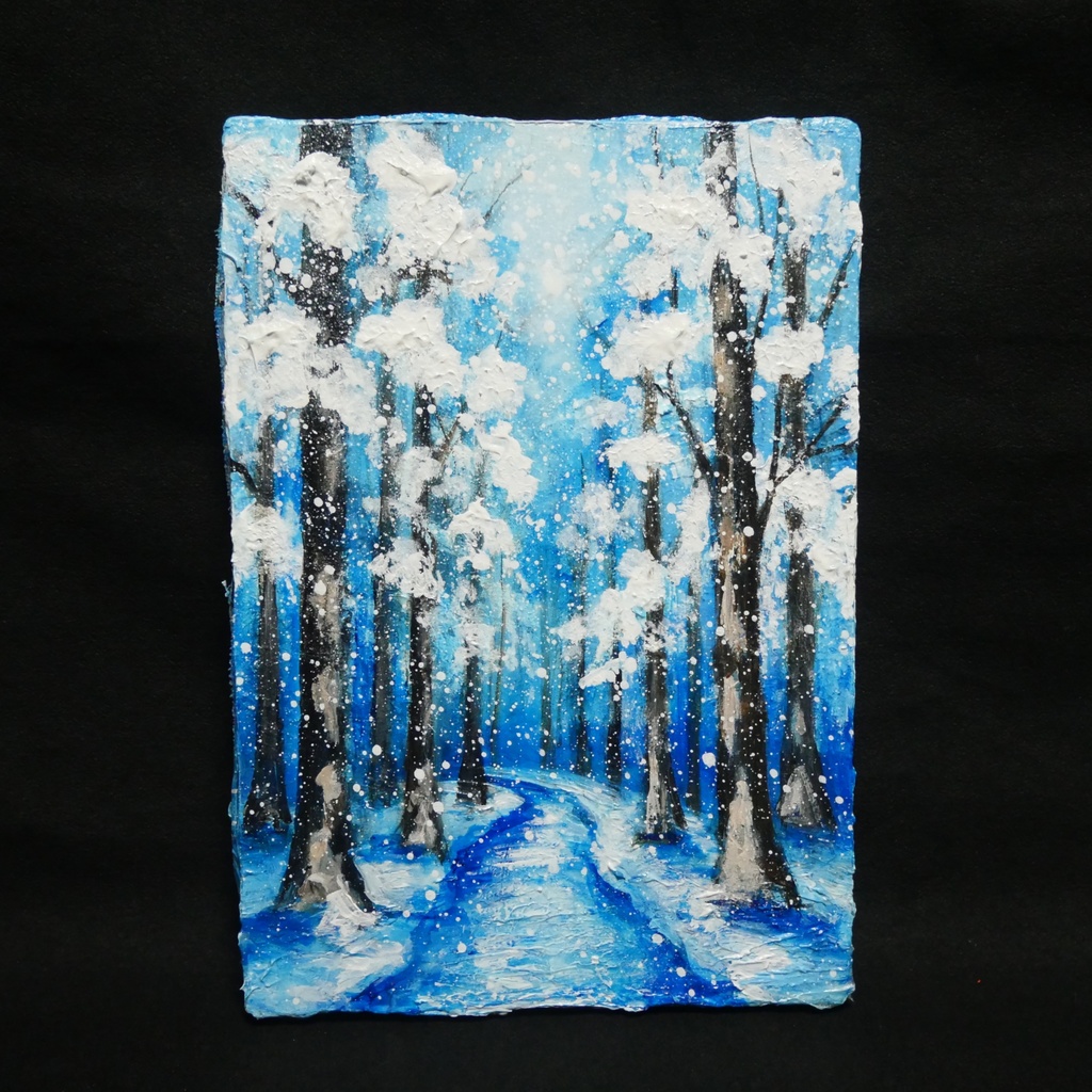 油絵 原画 油彩画 絵画 「白銀の森の小道」 冬 景色 風景画 インテリア