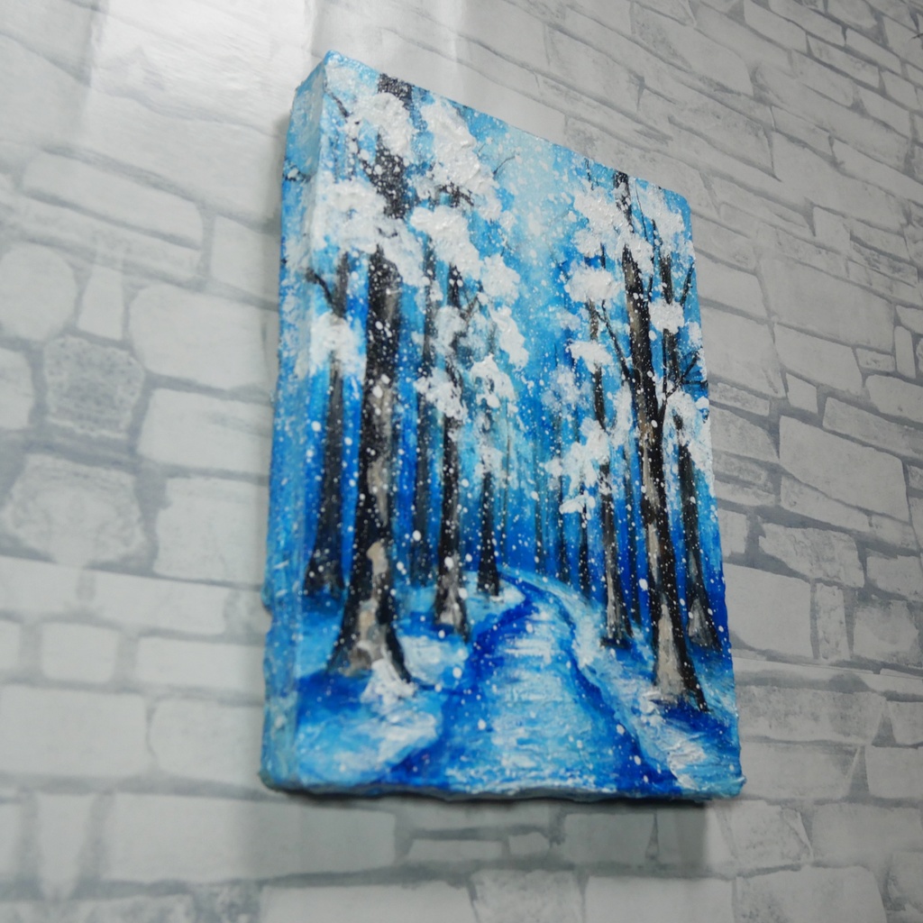 油絵 原画 油彩画 絵画 「白銀の森の小道」 冬 景色 風景画 インテリア