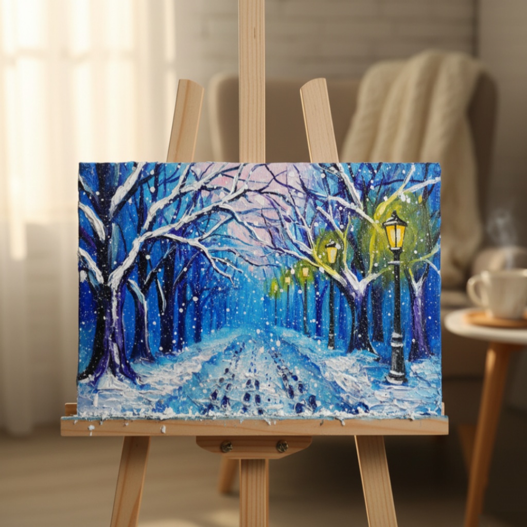 油絵 原画 【雪の散歩道】 絵画 油彩 雪 景色 風景画 冬