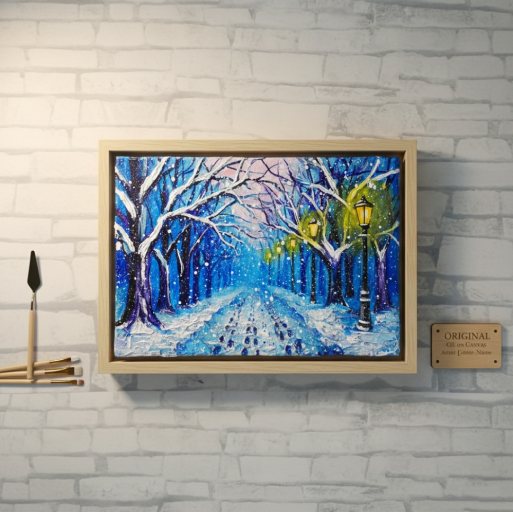 油絵 原画 【雪の散歩道】 絵画 油彩 雪 景色 風景画 冬