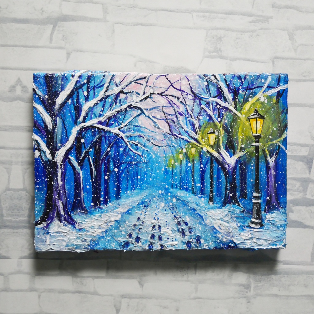 油絵 原画 【雪の散歩道】 絵画 油彩 雪 景色 風景画 冬