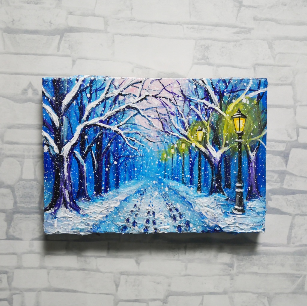 油絵 原画 【雪の散歩道】 絵画 油彩 雪 景色 風景画 冬