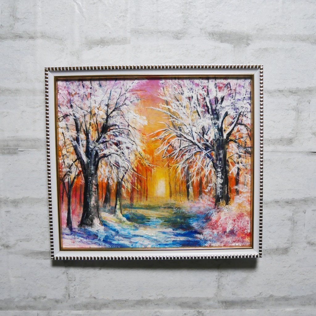 油絵 原画 「冬の夕陽」 絵画 油彩画 インテリア 雑貨 壁掛け