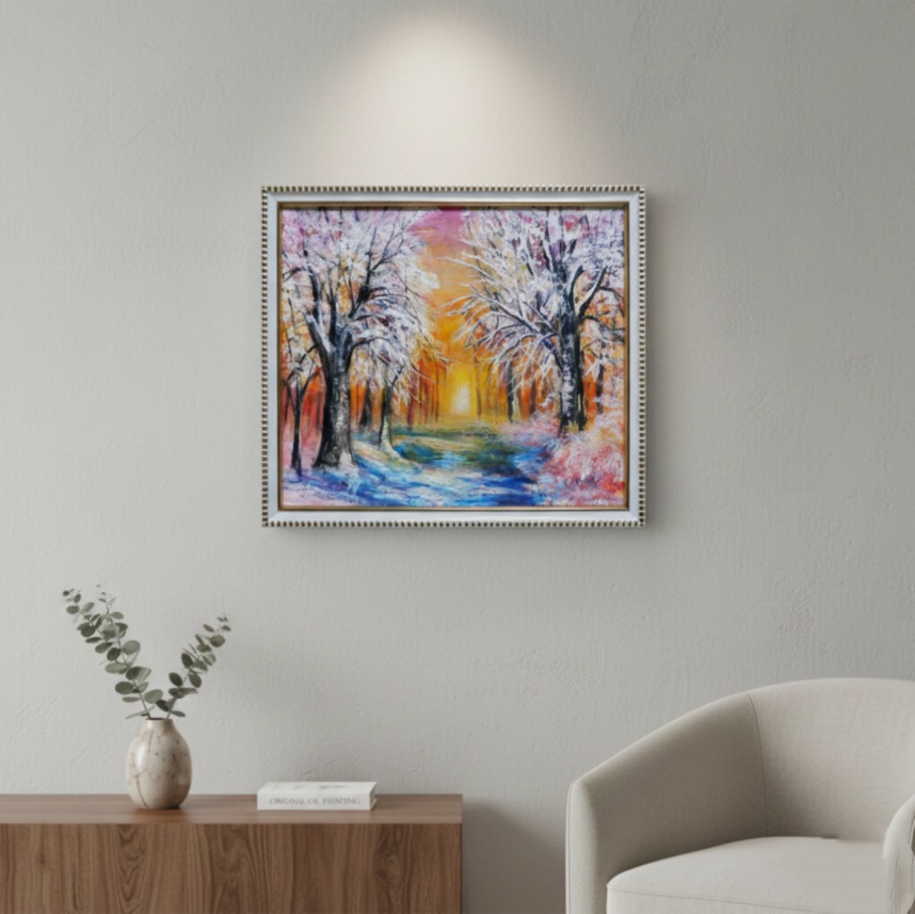 油絵 原画 「冬の夕陽」 絵画 油彩画 インテリア 雑貨 壁掛け