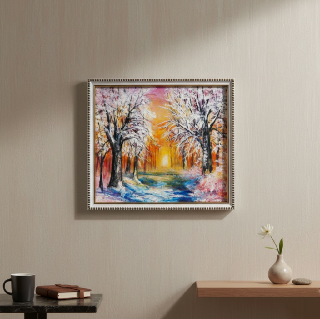 油絵 原画 「冬の夕陽」 絵画 油彩画 インテリア 雑貨 壁掛け