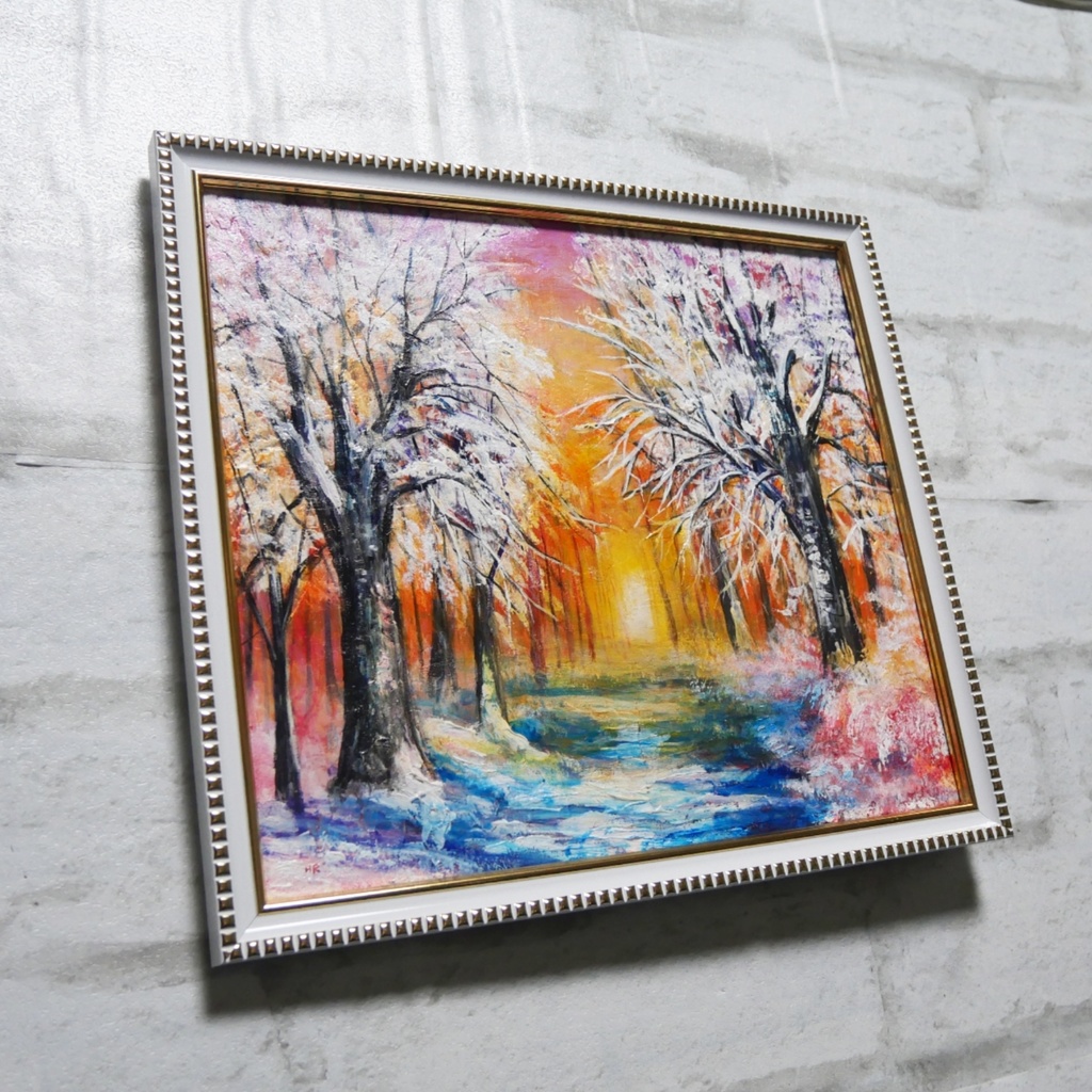 油絵 原画 「冬の夕陽」 絵画 油彩画 インテリア 雑貨 壁掛け