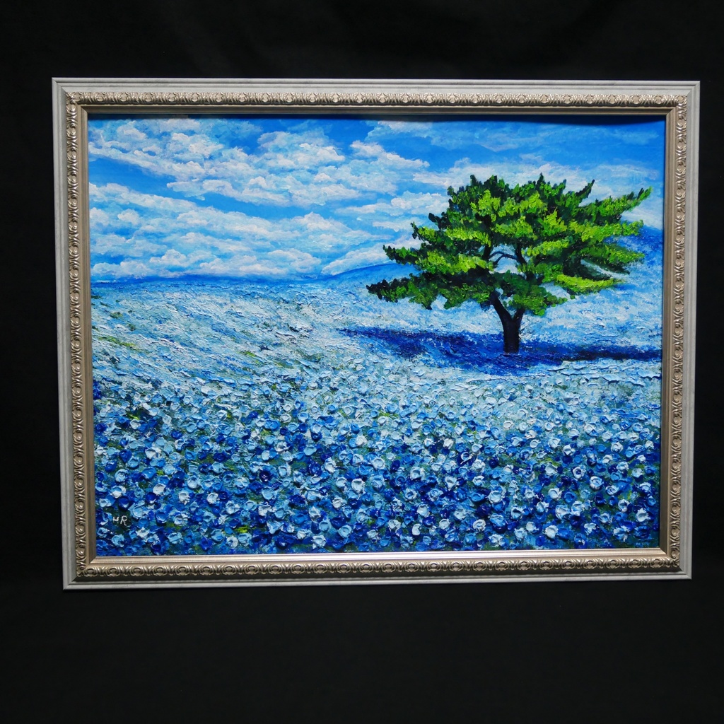 希望を運ぶ青い花【青空のネモフィラの丘】インテリアアート原画 インテリア 贈り物 癒やし 油絵 油彩画 絵画
