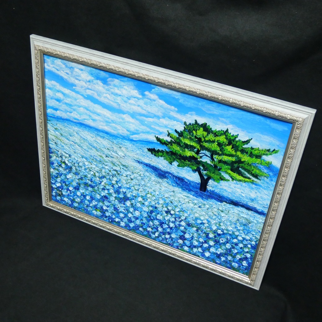 希望を運ぶ青い花【青空のネモフィラの丘】インテリアアート原画 インテリア 贈り物 癒やし 油絵 油彩画 絵画