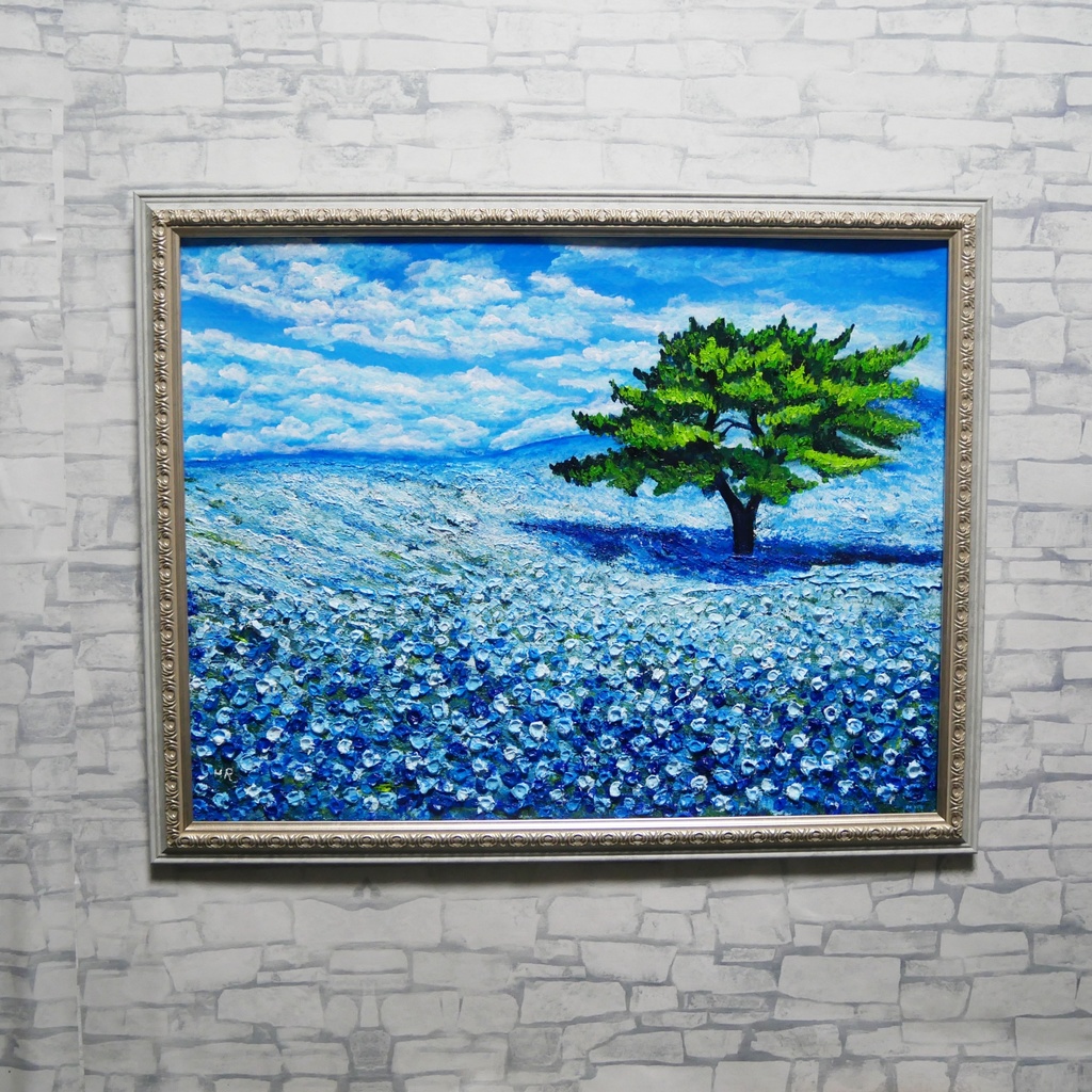 希望を運ぶ青い花【青空のネモフィラの丘】インテリアアート原画 インテリア 贈り物 癒やし 油絵 油彩画 絵画