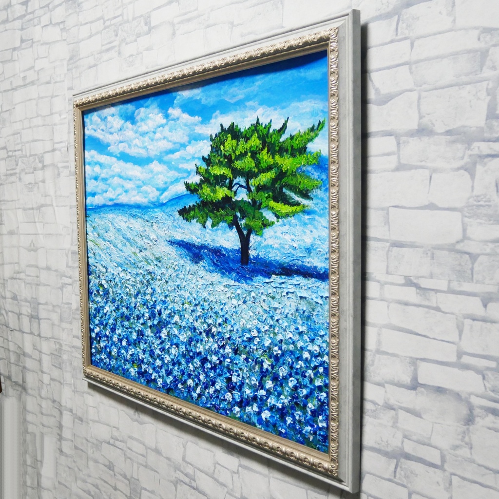 希望を運ぶ青い花【青空のネモフィラの丘】インテリアアート原画 インテリア 贈り物 癒やし 油絵 油彩画 絵画