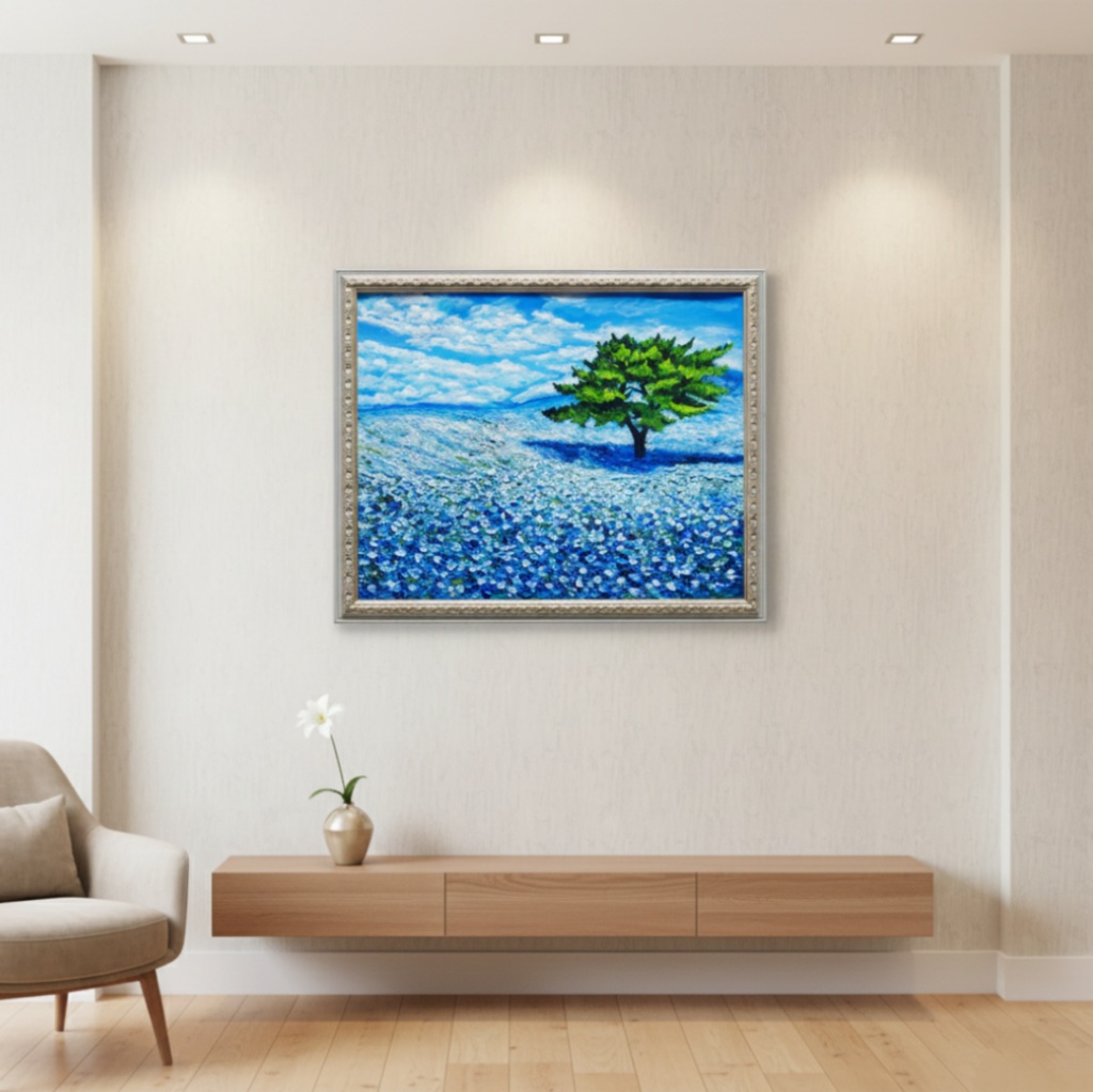 希望を運ぶ青い花【青空のネモフィラの丘】インテリアアート原画 インテリア 贈り物 癒やし 油絵 油彩画 絵画