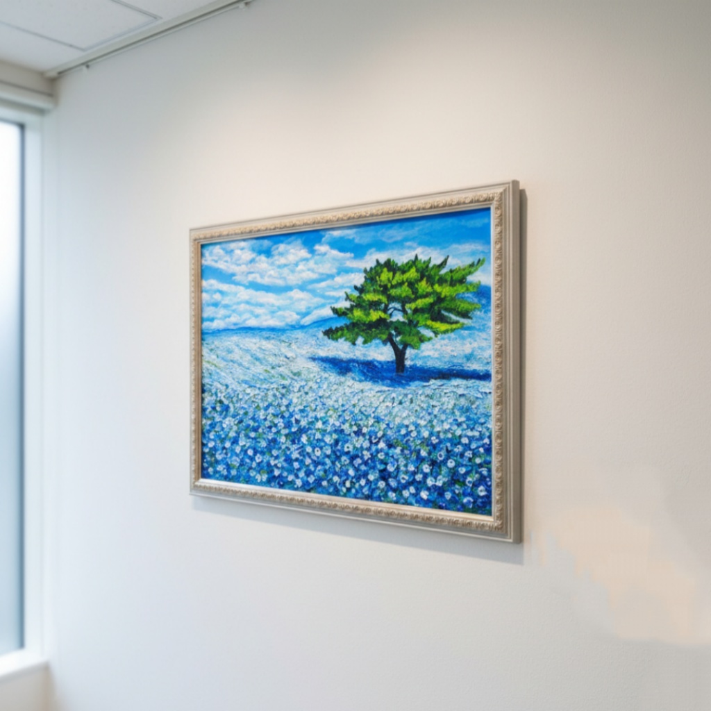 希望を運ぶ青い花【青空のネモフィラの丘】インテリアアート原画 インテリア 贈り物 癒やし 油絵 油彩画 絵画