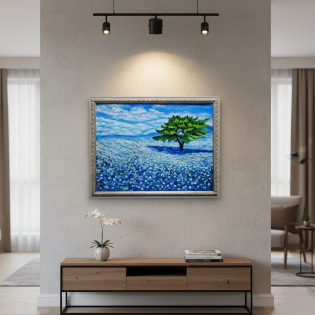 希望を運ぶ青い花【青空のネモフィラの丘】インテリアアート原画 インテリア 贈り物 癒やし 油絵 油彩画 絵画