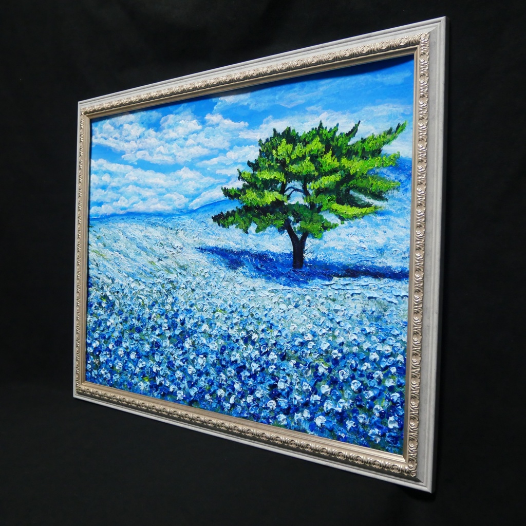 希望を運ぶ青い花【青空のネモフィラの丘】インテリアアート原画 インテリア 贈り物 癒やし 油絵 油彩画 絵画