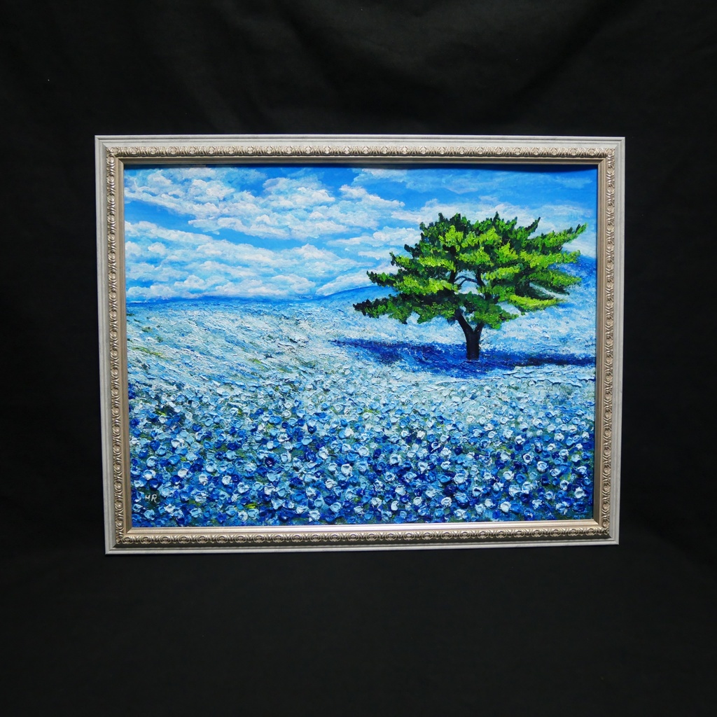 希望を運ぶ青い花【青空のネモフィラの丘】インテリアアート原画 インテリア 贈り物 癒やし 油絵 油彩画 絵画