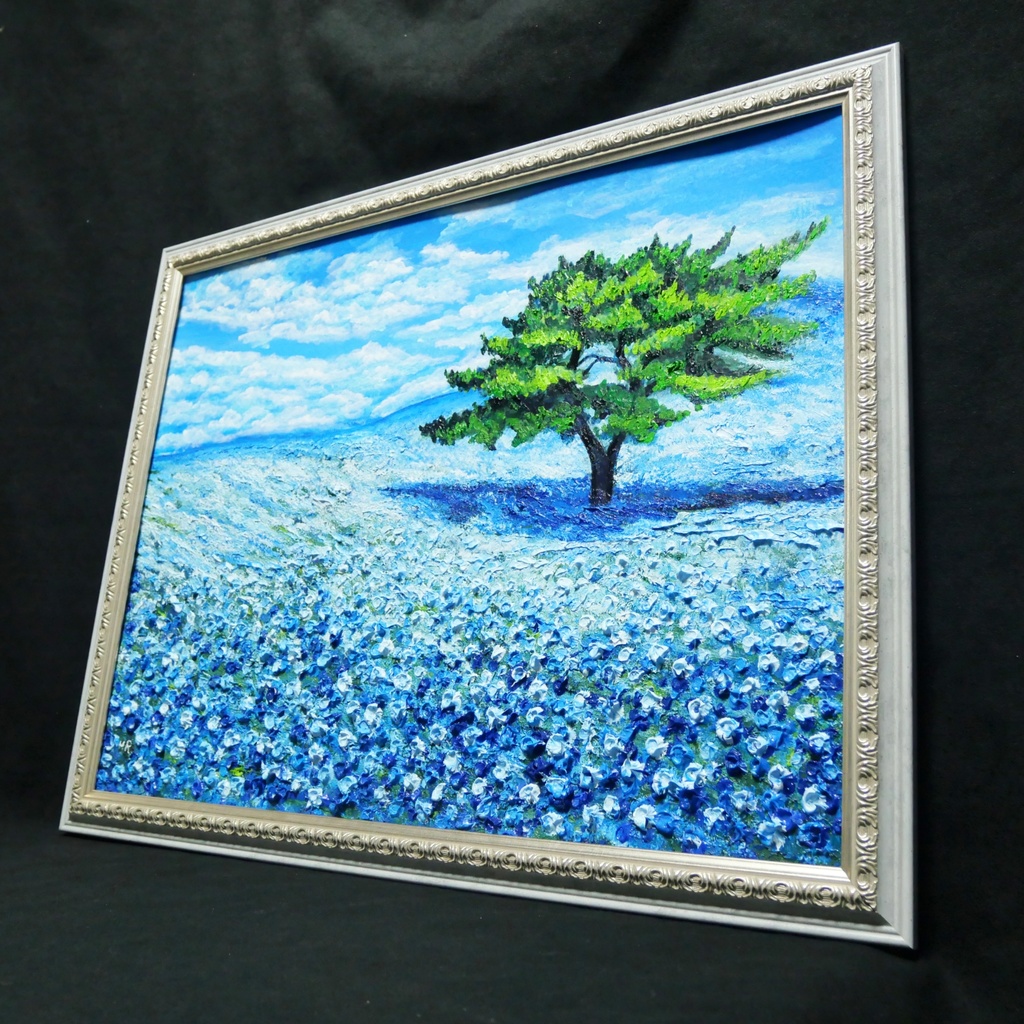 希望を運ぶ青い花【青空のネモフィラの丘】インテリアアート原画 インテリア 贈り物 癒やし 油絵 油彩画 絵画