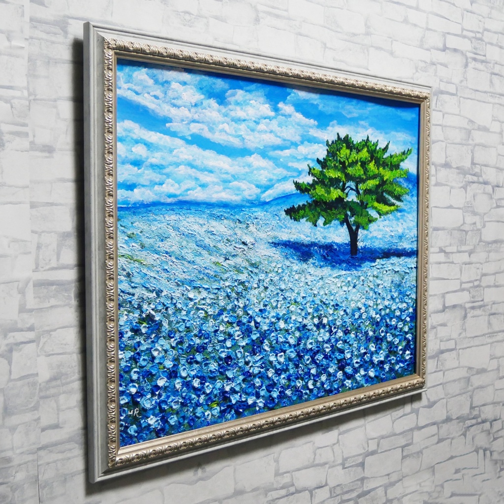 希望を運ぶ青い花【青空のネモフィラの丘】インテリアアート原画 インテリア 贈り物 癒やし 油絵 油彩画 絵画
