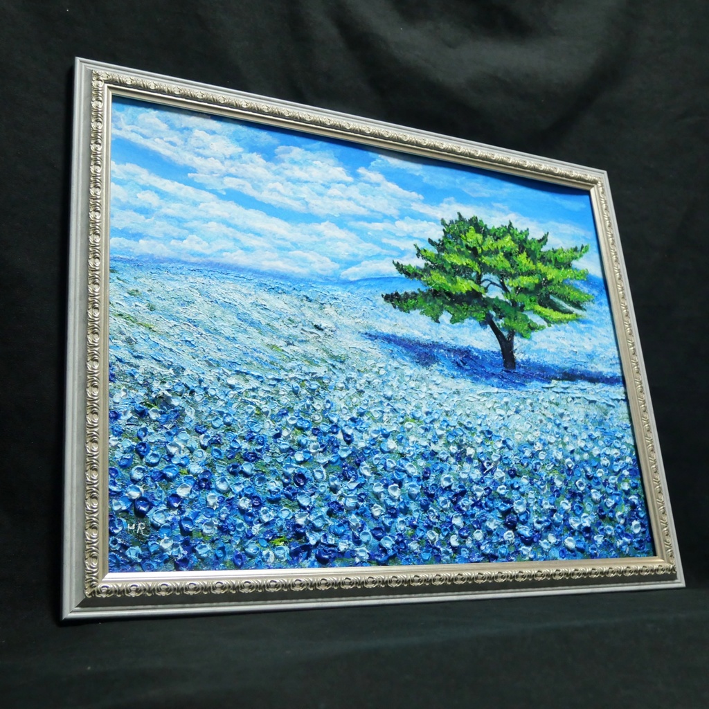 希望を運ぶ青い花【青空のネモフィラの丘】インテリアアート原画 インテリア 贈り物 癒やし 油絵 油彩画 絵画