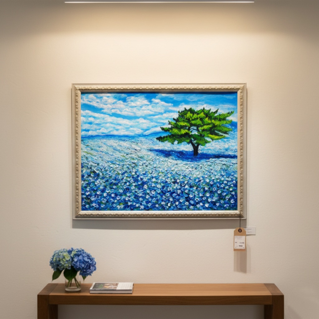 希望を運ぶ青い花【青空のネモフィラの丘】インテリアアート原画 インテリア 贈り物 癒やし 油絵 油彩画 絵画
