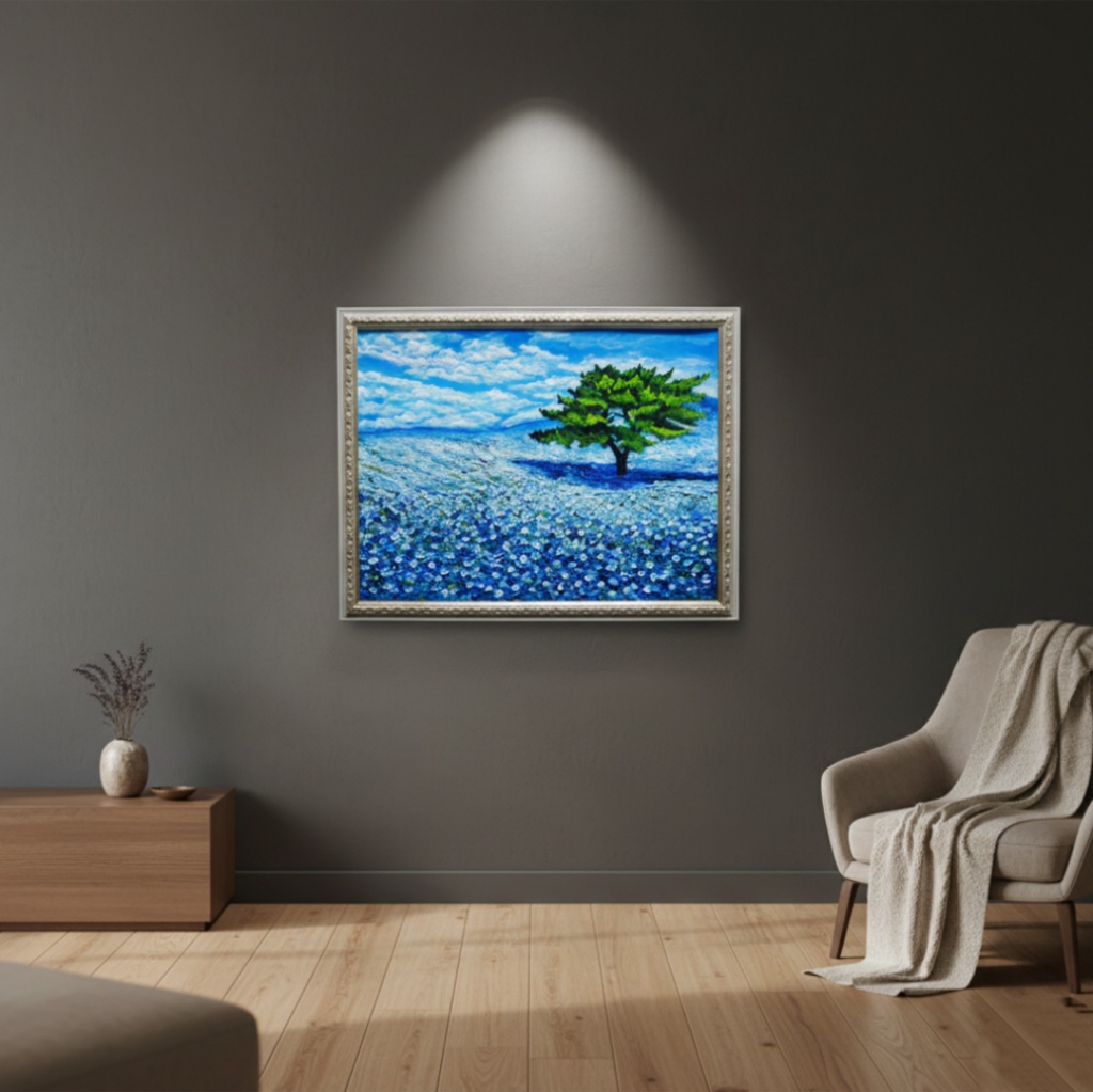 希望を運ぶ青い花【青空のネモフィラの丘】インテリアアート原画 インテリア 贈り物 癒やし 油絵 油彩画 絵画
