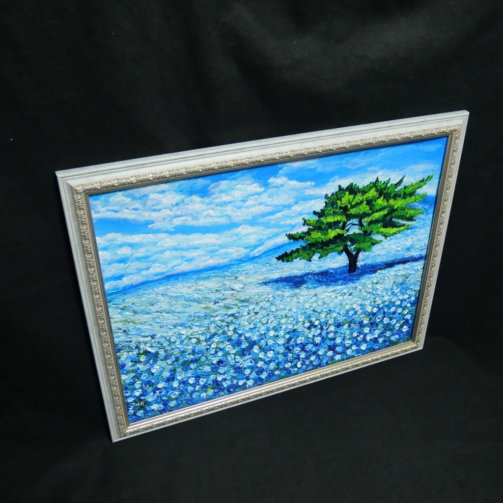 希望を運ぶ青い花【青空のネモフィラの丘】インテリアアート原画 インテリア 贈り物 癒やし 油絵 油彩画 絵画