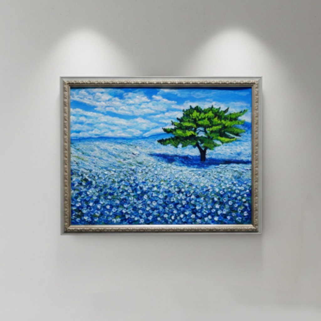 希望を運ぶ青い花【青空のネモフィラの丘】インテリアアート原画 インテリア 贈り物 癒やし 油絵 油彩画 絵画