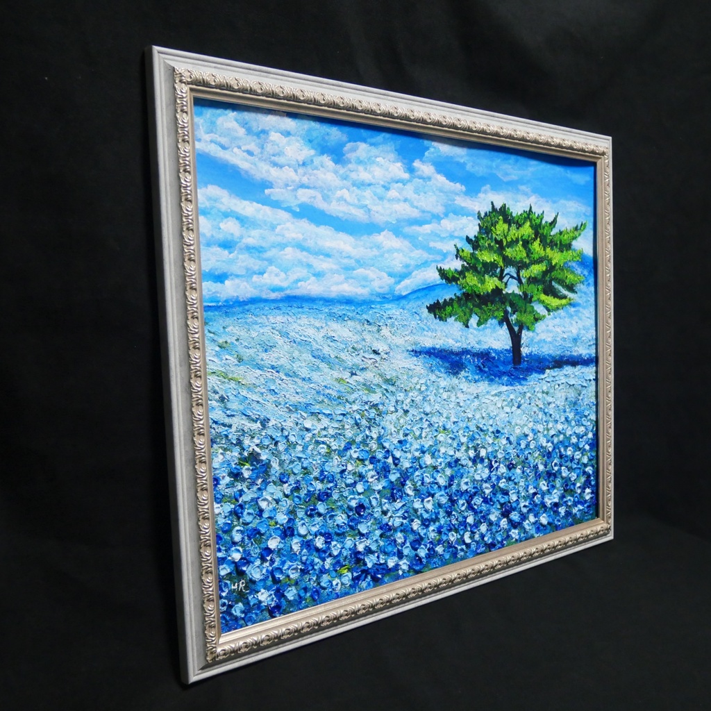 希望を運ぶ青い花【青空のネモフィラの丘】インテリアアート原画 インテリア 贈り物 癒やし 油絵 油彩画 絵画