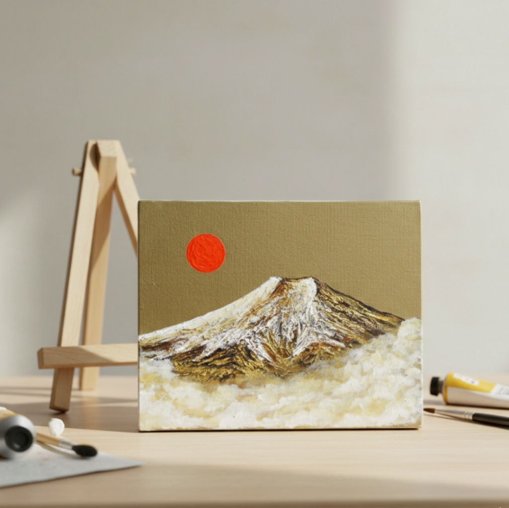 一点物 油彩画【旭日黄金富士】F3号 原画 富士山インテリア