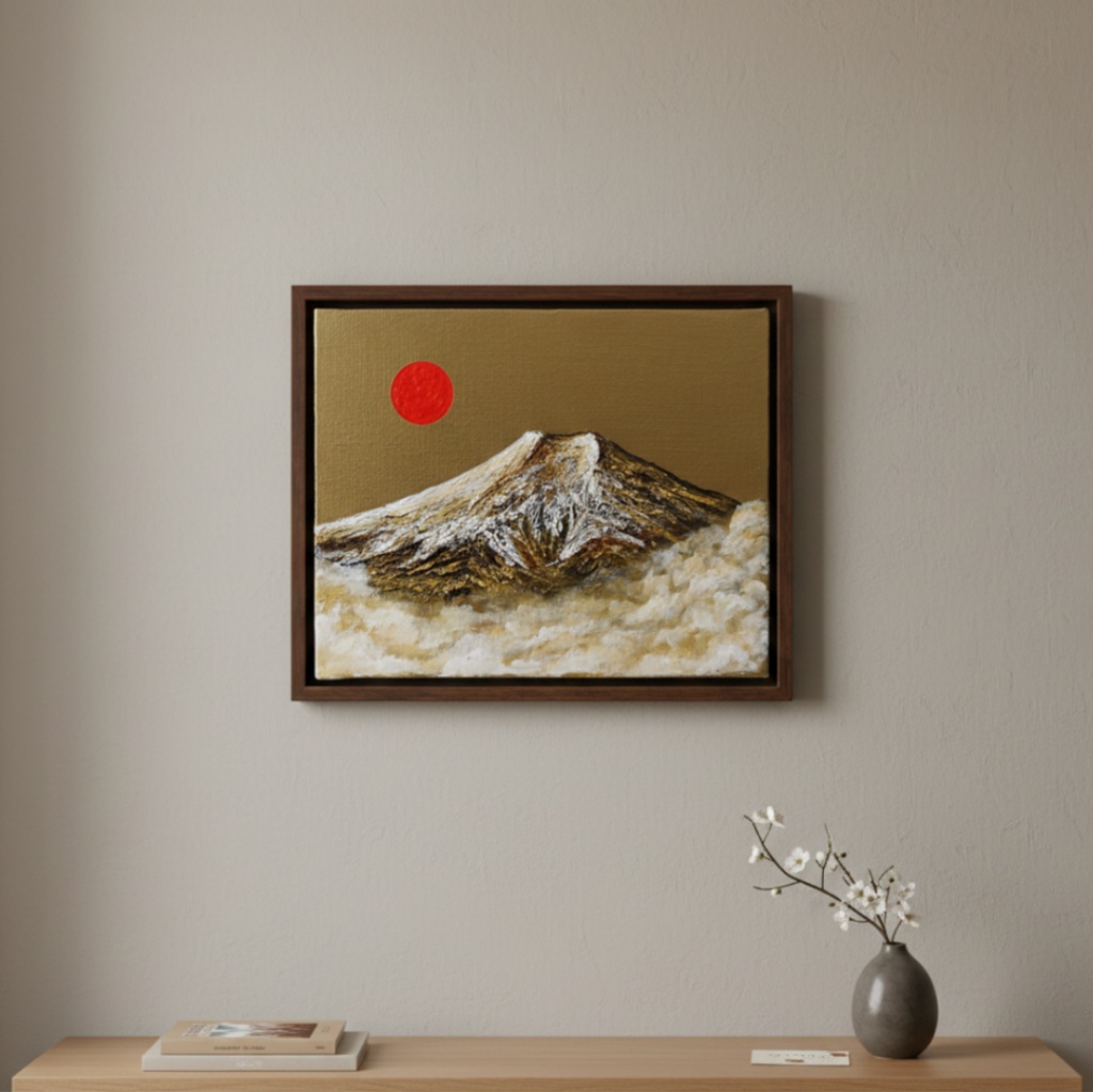 一点物 油彩画【旭日黄金富士】F3号 原画 富士山インテリア