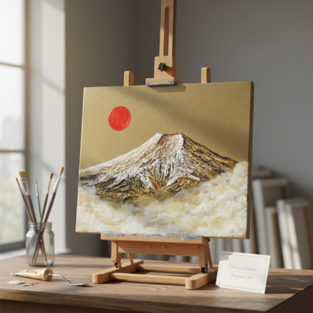 一点物 油彩画【旭日黄金富士】F3号 原画 富士山インテリア