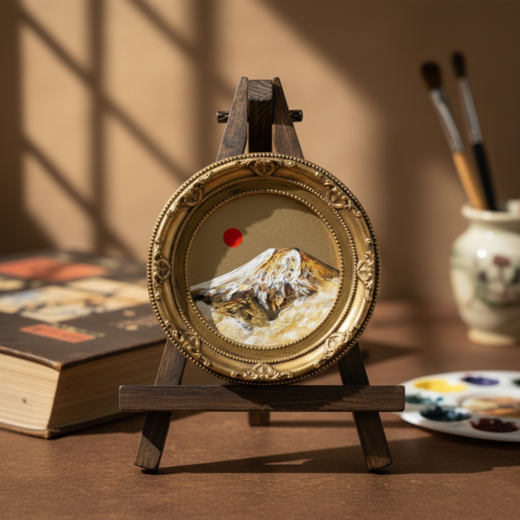 油絵 油彩 円形ミニ絵画「黄金富士山」絵画 油彩画 インテリア 風景画 富士山 縁起物 壁掛け 贈り物に 風水