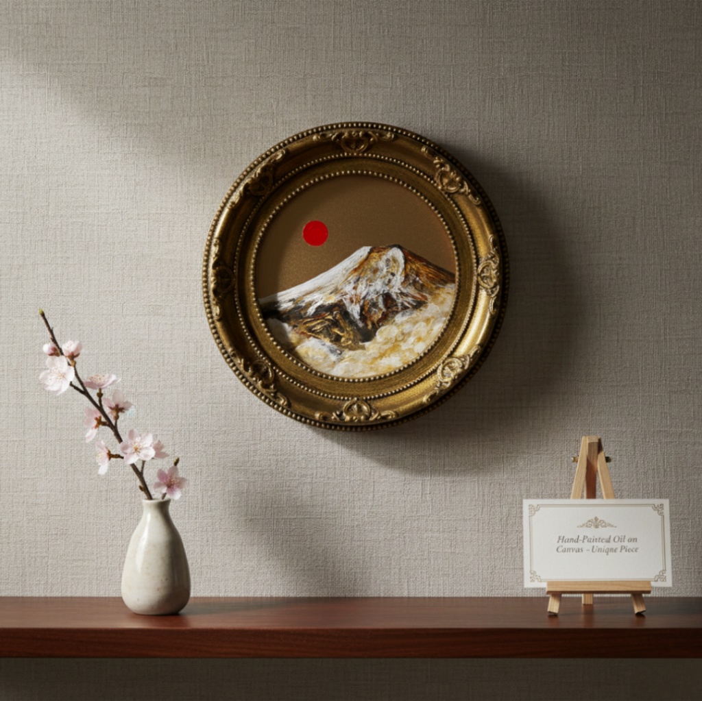 油絵 油彩 円形ミニ絵画「黄金富士山」絵画 油彩画 インテリア 風景画 富士山 縁起物　壁掛け 贈り物に 風水
