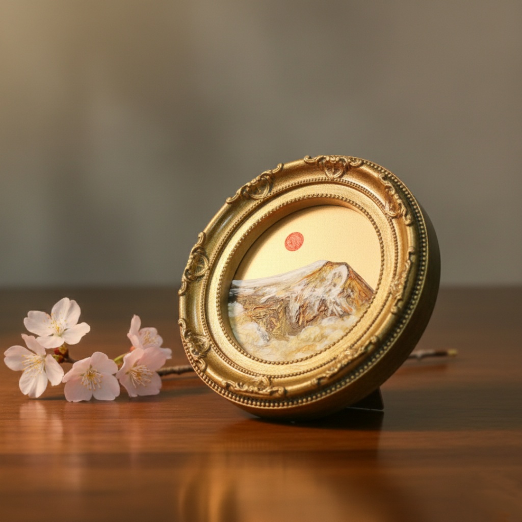 油絵 油彩 円形ミニ絵画「黄金富士山」絵画 油彩画 インテリア 風景画 富士山 縁起物 壁掛け 贈り物に 風水