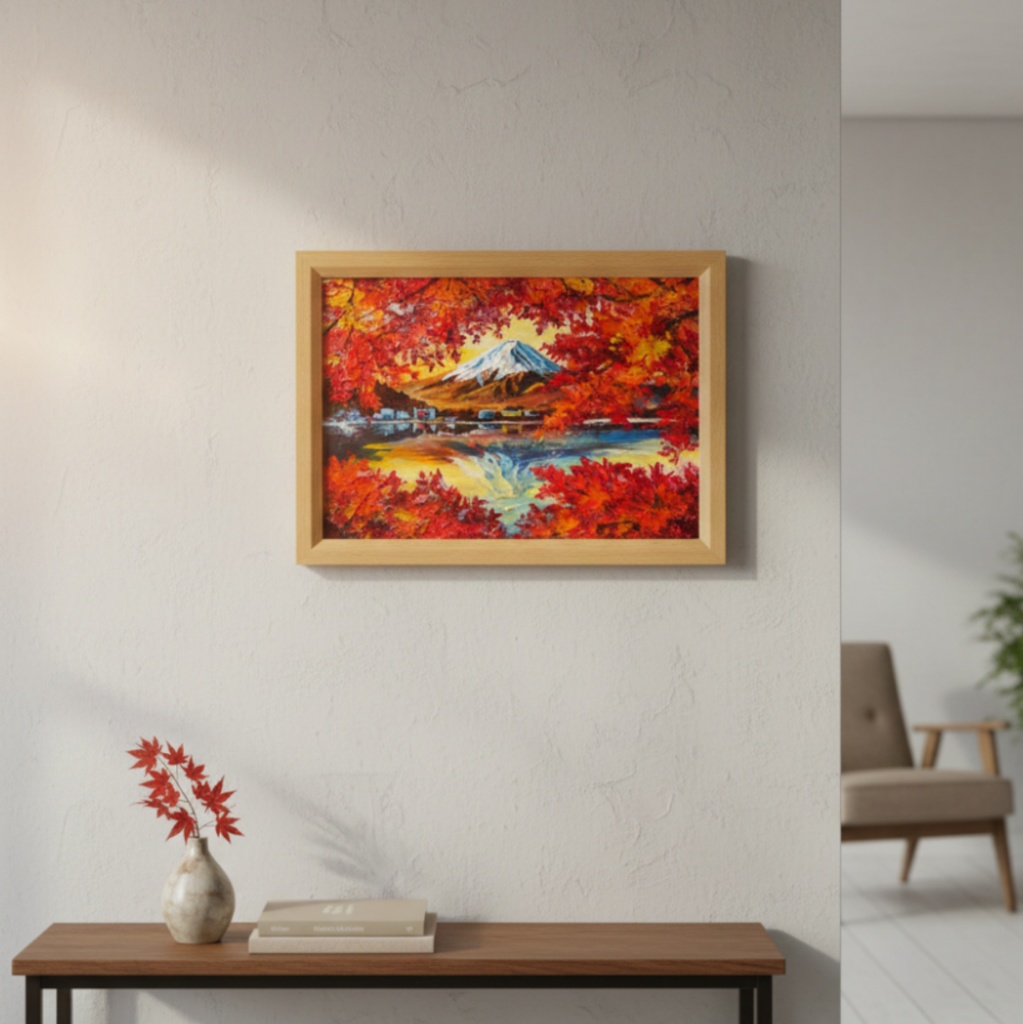 油彩画 原画 絵画「錦秋の富士」秋の風景 インテリア 壁掛け