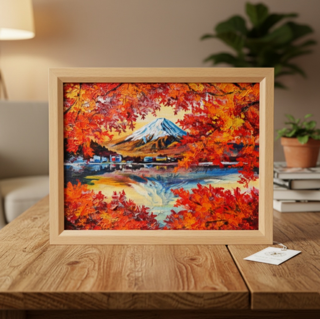 油彩画 原画 絵画「錦秋の富士」秋の風景 インテリア 壁掛け