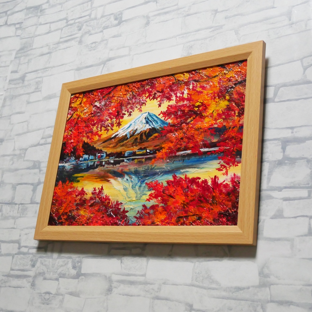 油彩画 原画 絵画「錦秋の富士」秋の風景 インテリア 壁掛け