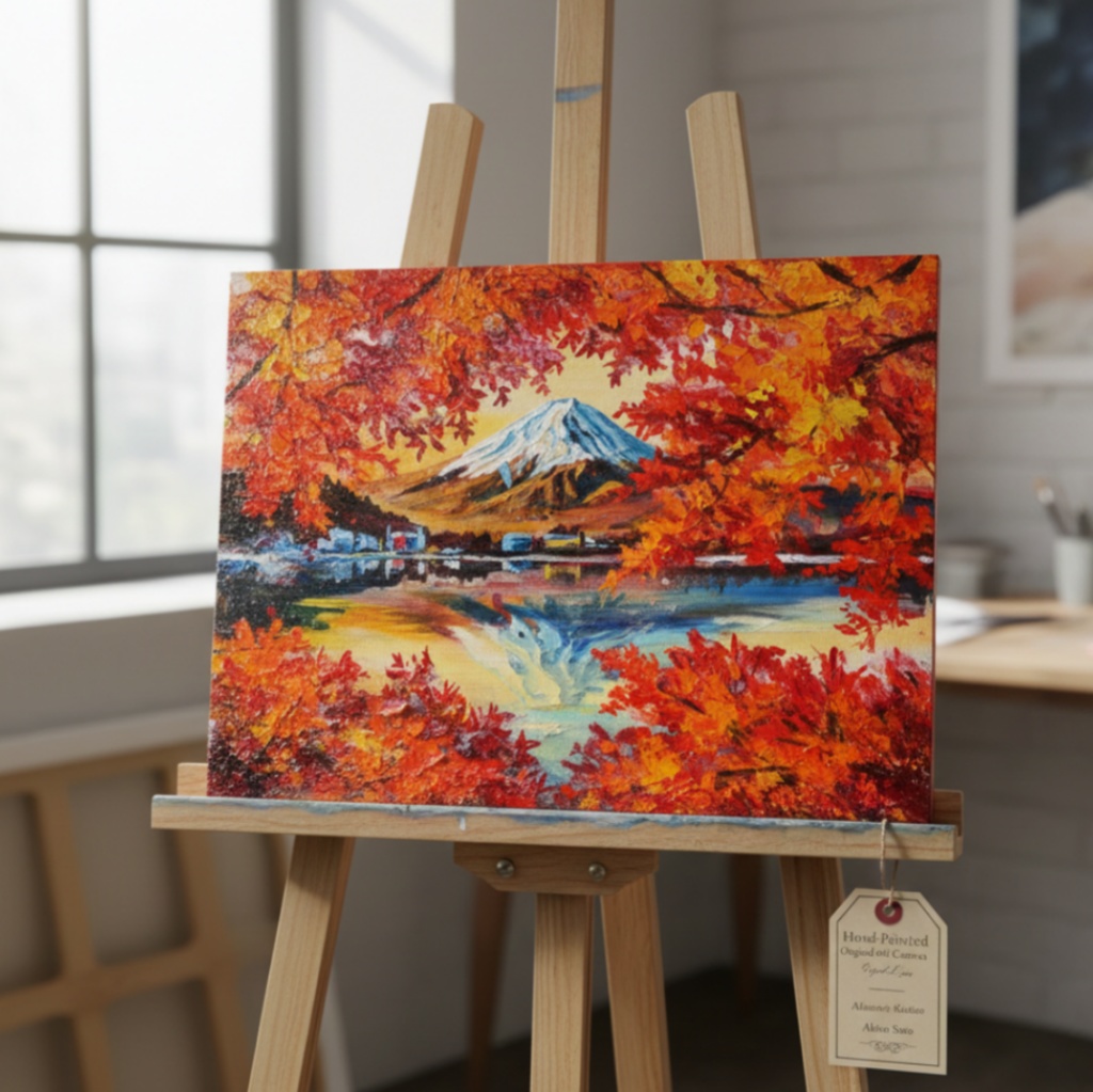 油彩画 原画 絵画「錦秋の富士」秋の風景 インテリア 壁掛け