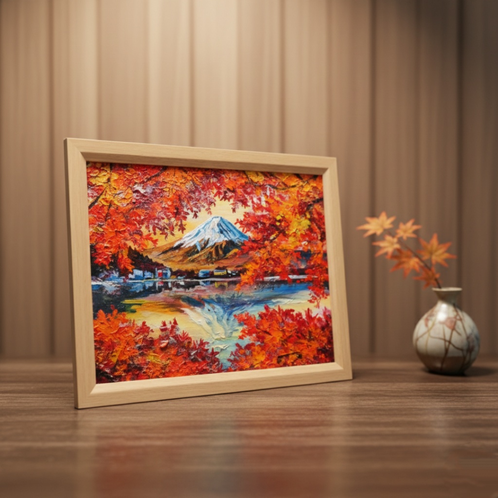 油彩画 原画 絵画「錦秋の富士」秋の風景 インテリア 壁掛け