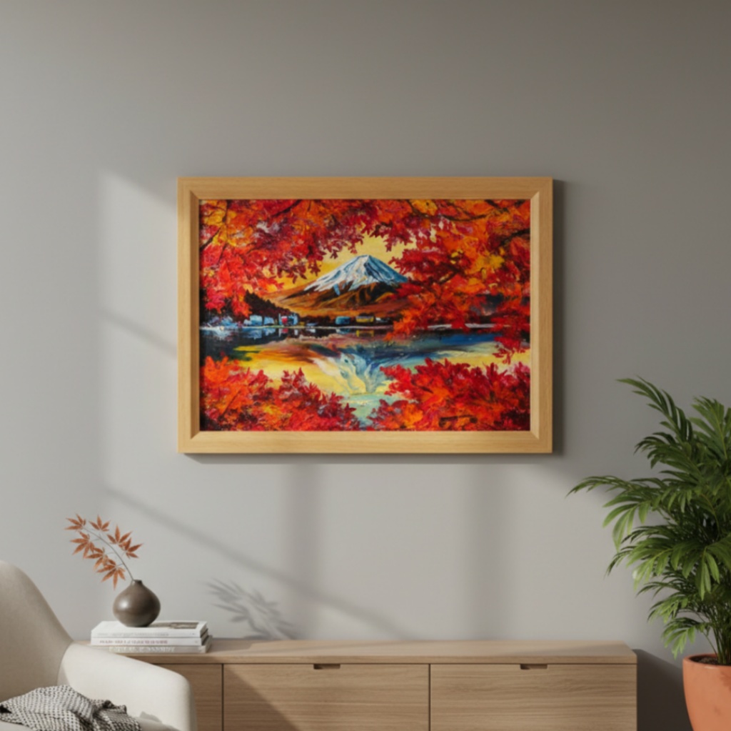 油彩画 原画 絵画「錦秋の富士」秋の風景 インテリア 壁掛け