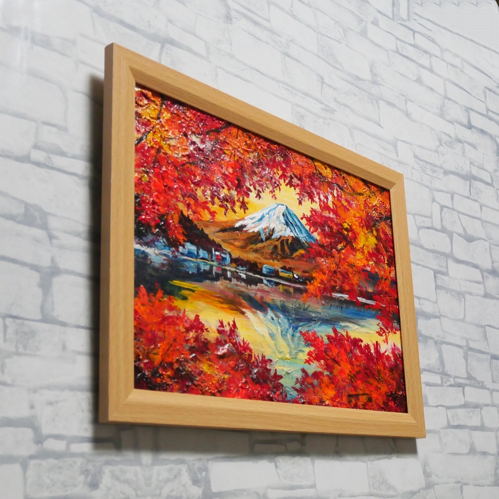 油彩画 原画 絵画「錦秋の富士」秋の風景 インテリア 壁掛け