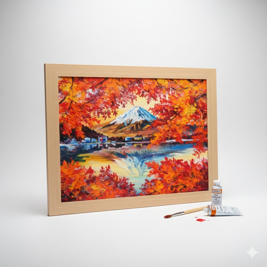 油彩画 原画 絵画「錦秋の富士」秋の風景 インテリア 壁掛け