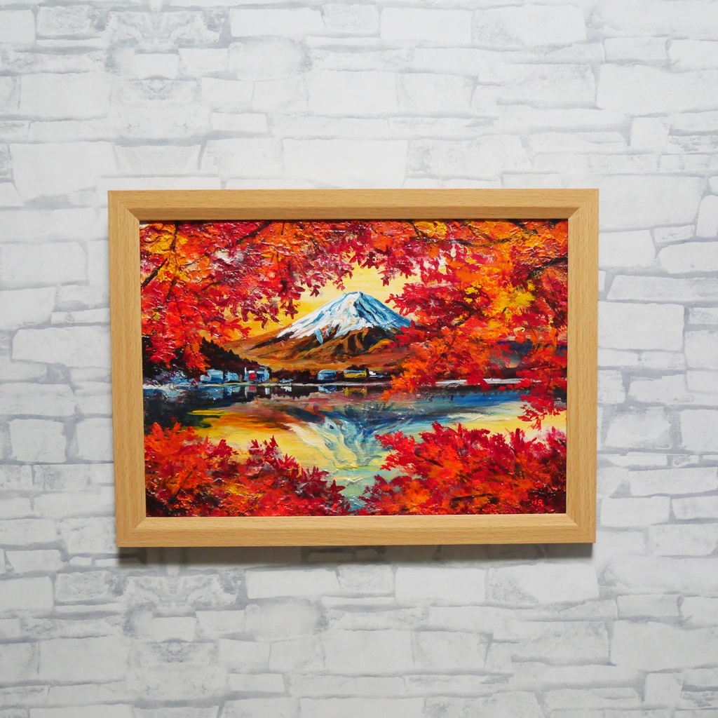 油彩画 原画 絵画「錦秋の富士」秋の風景 インテリア 壁掛け