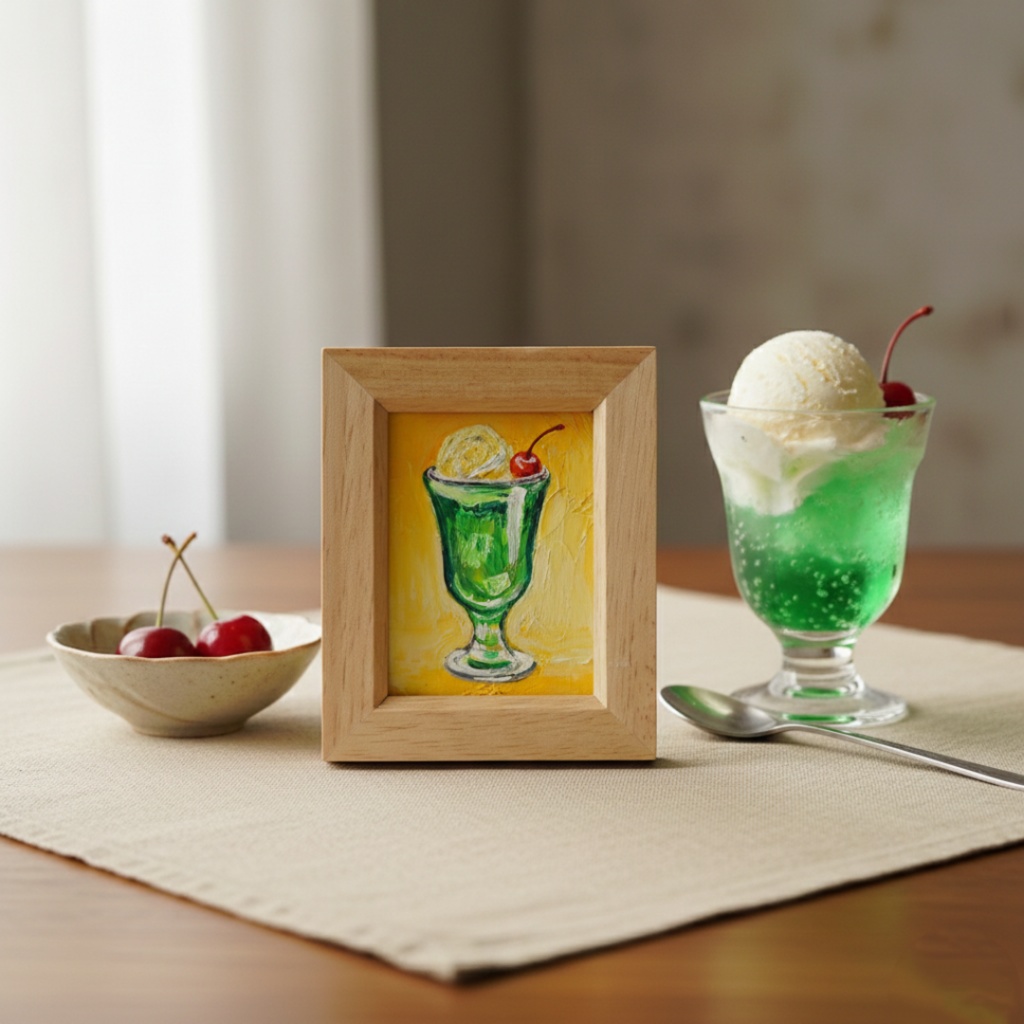 一点物【クリームソーダ】油絵 原画|手のひらサイズのミニ絵画 木製フレーム付
