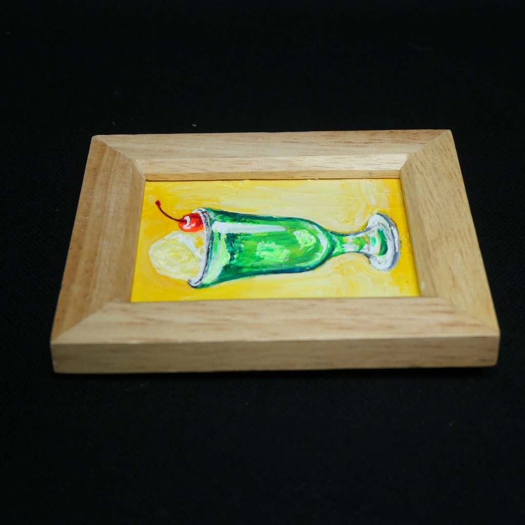 一点物【クリームソーダ】油絵 原画|手のひらサイズのミニ絵画 木製フレーム付