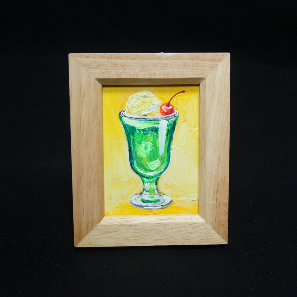 一点物【クリームソーダ】油絵 原画|手のひらサイズのミニ絵画 木製フレーム付