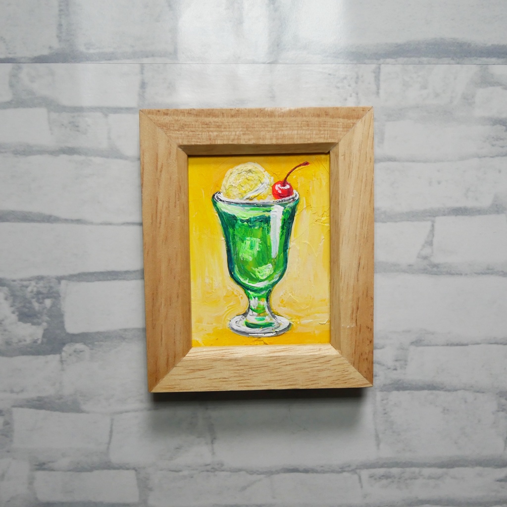 一点物【クリームソーダ】油絵 原画|手のひらサイズのミニ絵画 木製フレーム付